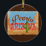Ornamento De Cerâmica Peoria Arizona Cartoon Desert Viagens vintage<br><div class="desc">Peoria Arizona neo viagens vintage na engraçada caricatura com estilo retrógrado com deserto,  cacto e rochas. Azul,  marrom e vermelho com cacto verde.</div>