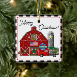 Ornamento De Cerâmica Pequena Fazenda de Natal de Caminhão Vermelho e Ba