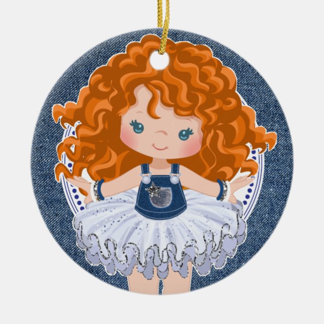 Ornamento De Cerâmica Pequena Garota Vermelha Denim e Diamantes Natal (Frente)
