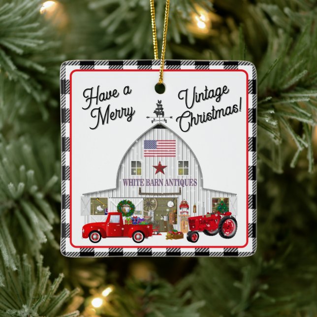 Ornamento De Cerâmica Pequeno Caminhão Vermelho e Barco Branco Antiquado (Árvore)