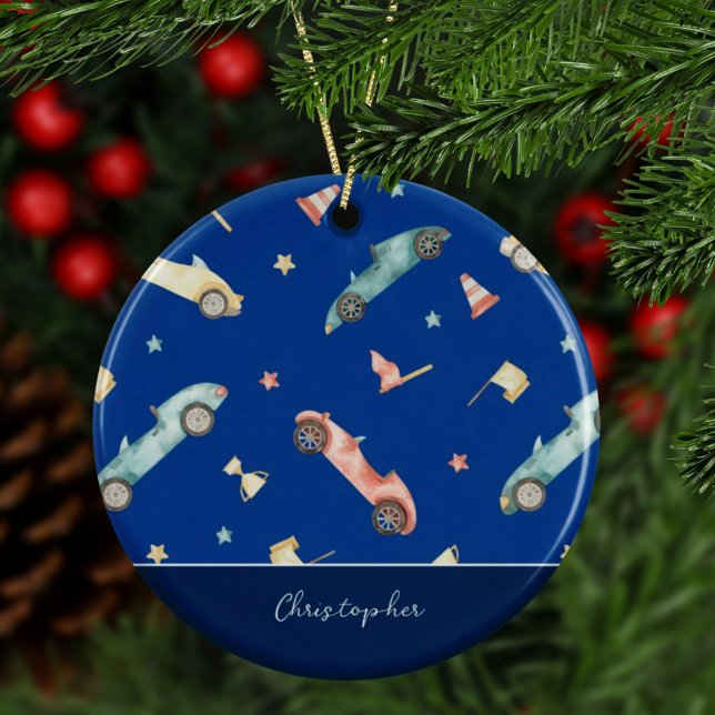 Ornamento De Cerâmica Pequeno Carro Correndo, Aquarela Azul Natal (Criador carregado)