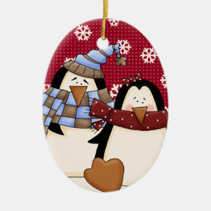 Ornamento De Cerâmica Pequeno Casal Pinguim Bonito