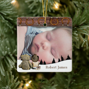 Ornamento De Cerâmica Pequeno Cowboy e Urso de Teddy no Natal