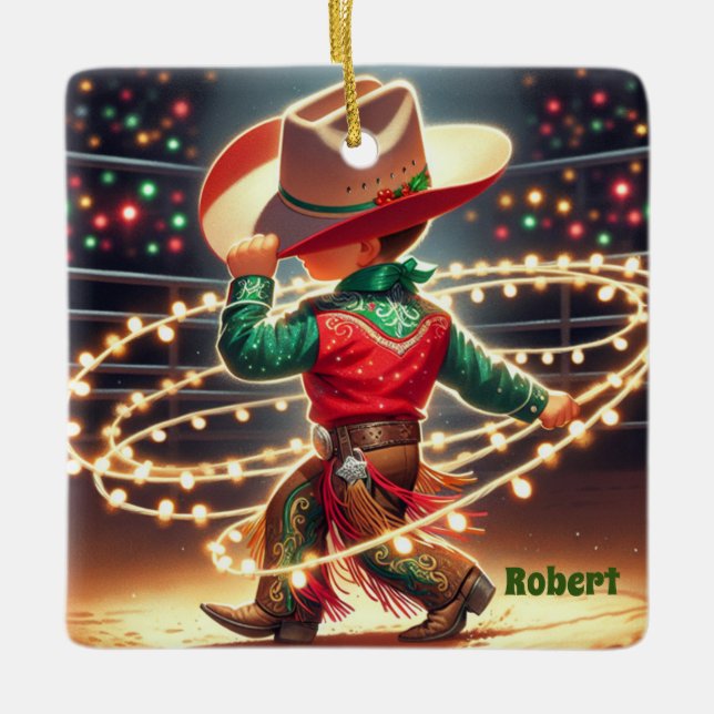 Ornamento De Cerâmica Pequeno Cowboy Gritando Luzes de Natal Personaliza (Frente)