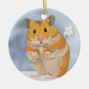 Ornamento De Cerâmica Pequeno Hamster bonito segurando uma flor