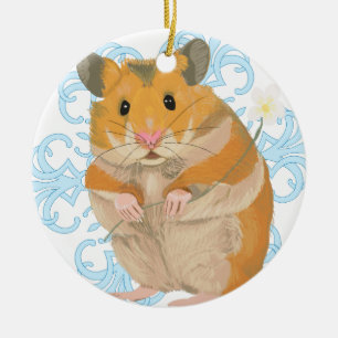 Ornamento De Cerâmica Pequeno Hamster bonito segurando uma flor e um flo