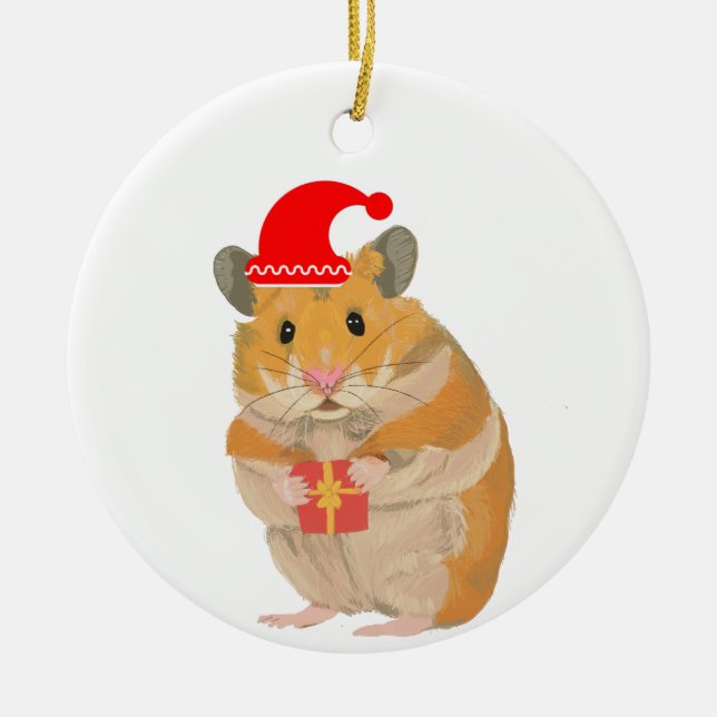 Ornamento De Cerâmica Pequeno Hamster de Natal bonito segurando um prese (Frente)