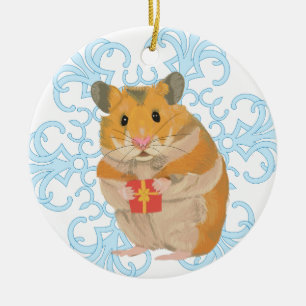 Ornamento De Cerâmica Pequeno Hamster de Natal bonito segurando um prese