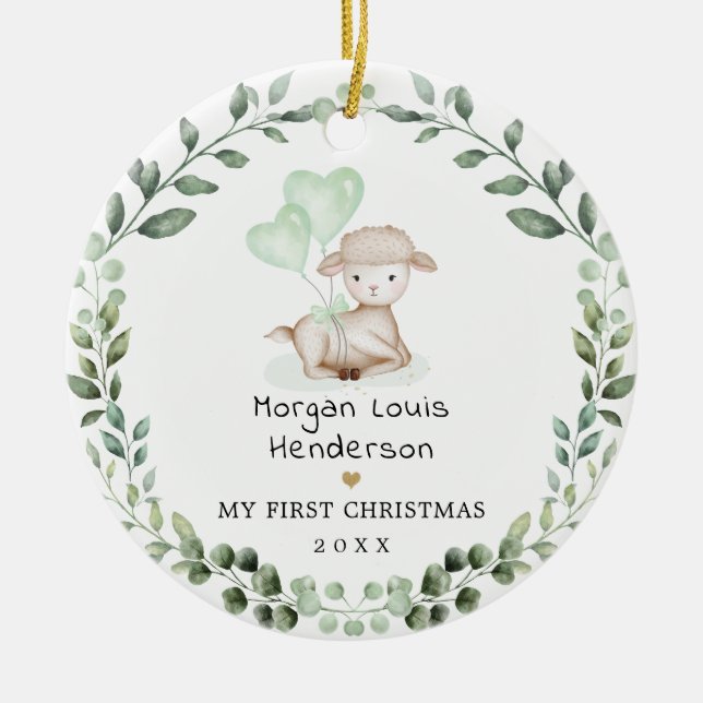 Ornamento De Cerâmica Pequeno Lamb Greenery Wreath Bebê Primeiro Natal (Frente)