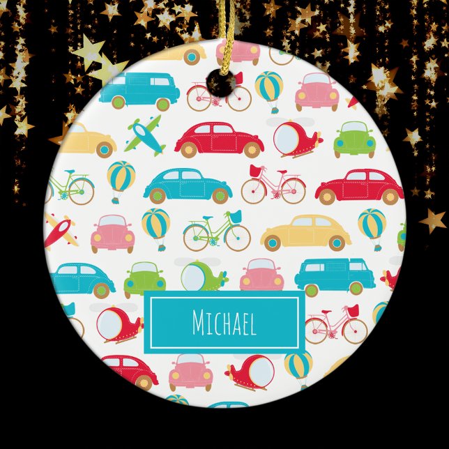 Ornamento De Cerâmica Pequeno Modelo de Veículo com Primeiro Nome Natal (Criador carregado)