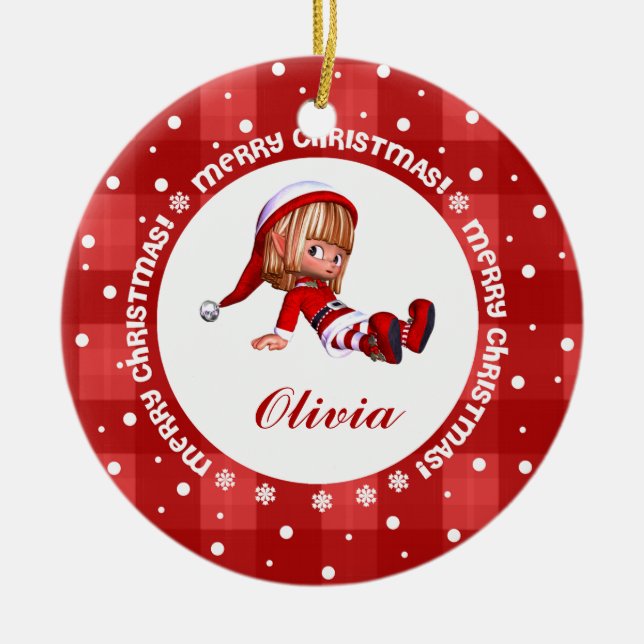Ornamento De Cerâmica Pequeno nome personalizado da Elf Doll Natal (Frente)