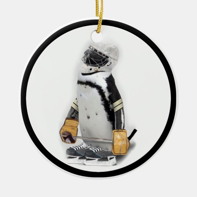 Ornamento De Cerâmica Pequeno Pinguim Vestindo Hockey Gear (Frente)