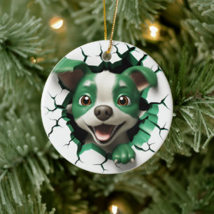 Ornamento De Cerâmica Pequim Verde e Cão Branco