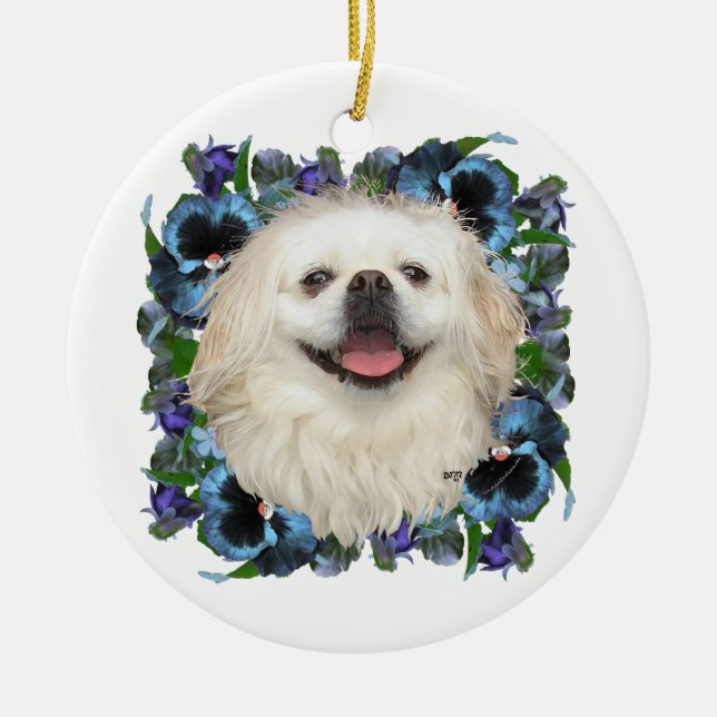 Ornamento De Cerâmica Pequinês branco com Pensamentos (Frente)