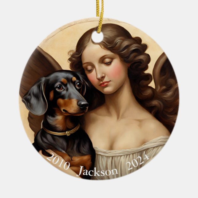 Ornamento De Cerâmica Perda Memorial de Black Tan Dachshund Art Foto (Frente)
