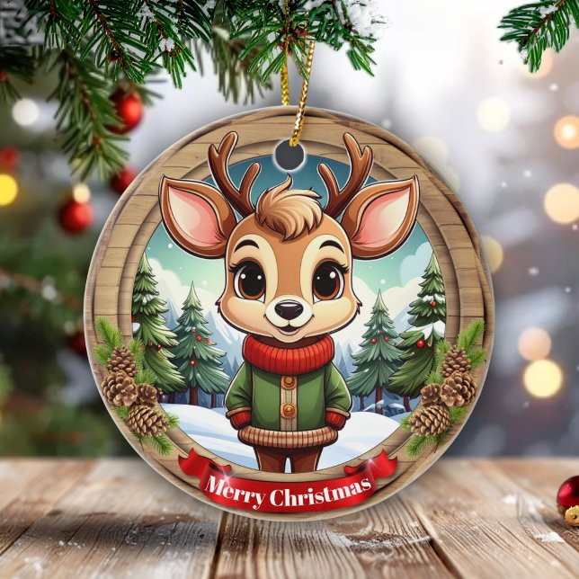 Ornamento De Cerâmica Personalizable cute reindeer character Art 🦌🎄 (Personalizable cute reindeer character art xmas wildlife animal rustic pinecone ceramic ornament🦌🎄)