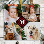 Ornamento De Cerâmica Personalizada 4 Fotografias Monograma Xadrez Verme<br><div class="desc">Celebre suas memórias favoritas com um personalizado Ornamento de Colagem de Fotos da Xadrez de Buffalo Vermelho. Quando você tem tantas memórias e fotos divertidas, uma foto não é suficiente. Nosso Personalizado Ornamento de Fotos tem 4 fotos e um centro monograma inicial e nome para personalizar. Este ornamento personalizado de...</div>
