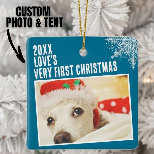 Ornamento De Cerâmica Personalizada Foto de Pet para o Primeiro Natal (Personalized Pet Photo First Christmas Custom Ceramic Ornament.)