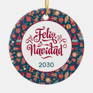 Ornamento De Cerâmica Personalizado do Retro Feliz Navidad