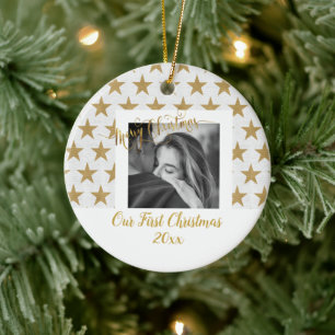 Ornamento De Cerâmica Personalizado Dourado e branco elegante Sua foto e
