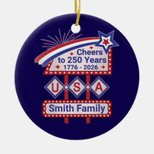 Ornamento De Cerâmica Personalizado EUA 250 – Marquee Retro Patriótico