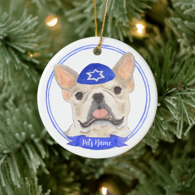 Ornamento De Cerâmica Personalizado Fawn Tan Frenchie Dog Hanukkah (Árvore)