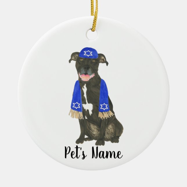 Ornamento De Cerâmica Personalizado Pitbull Negro Staffy Yarmulke Scarf (Frente)