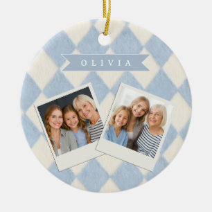 Ornamento De Cerâmica Personalizado Préppy Azul Suave Fofinho Argyle Nom