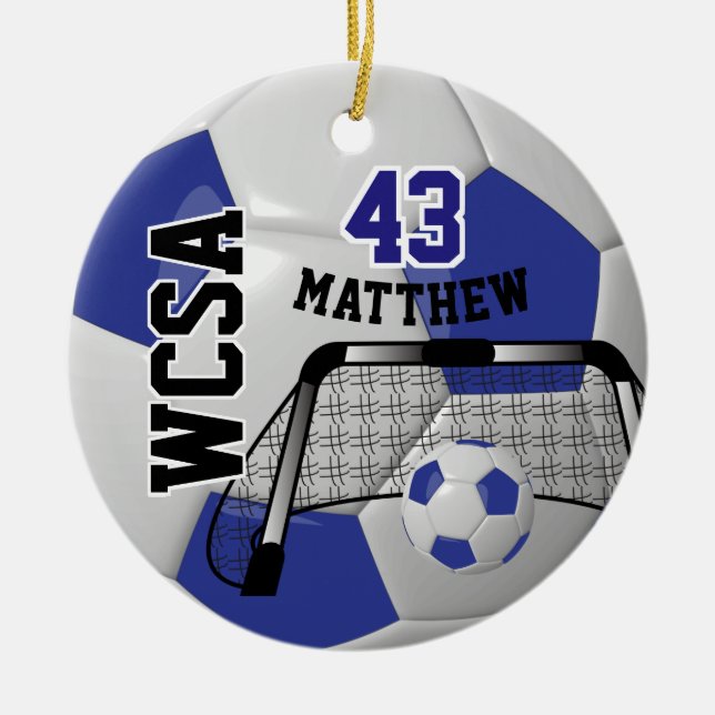 Ornamento De Cerâmica Personalizar a bola de futebol azul e branco (Frente)