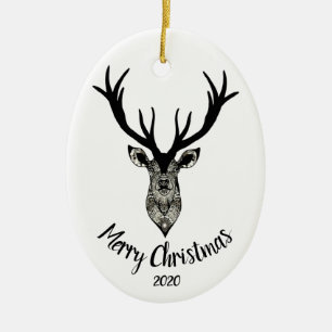 Ornamento De Cerâmica Personalizar data Stag ou Deer Merry Christmas