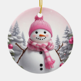 Ornamento De Cerâmica Personalizar: Feliz Homem de Neve Rosa Scarf Xmas