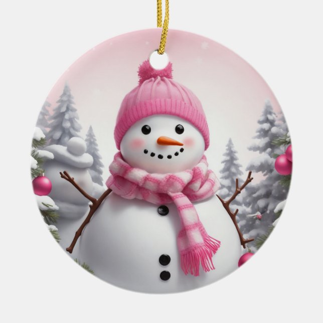 Ornamento De Cerâmica Personalizar: Feliz Homem de Neve Rosa Scarf Xmas (Frente)
