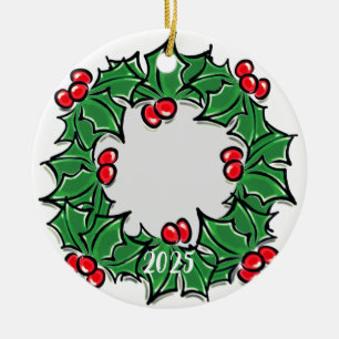 Ornamento De Cerâmica Personalizar foto Holly deixa bagas no Natal