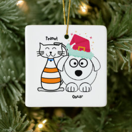 Ornamento De Cerâmica Personalizar Gato e Cachorro Feliz Natal