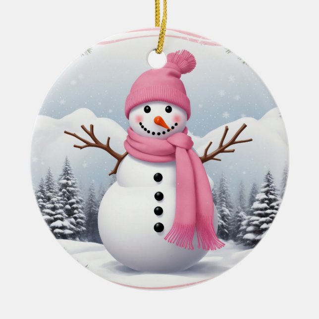 Ornamento De Cerâmica Personalizar: Homem de Neve Rosa Scarf Xmas (Frente)