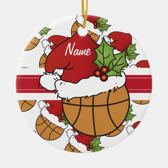 Ornamento De Cerâmica Personalizar o basquete de Natal do Santa Hat (Frente)