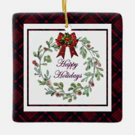 Ornamento De Cerâmica Personalizar Xadrez Vermelha Feliz Feriados