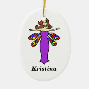 Ornamento De Cerâmica Personalize a fada conhecida da libélula do
