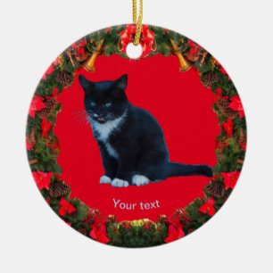 Ornamento De Cerâmica Personalize Black Kitten Tuxedo Sentado Meows