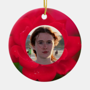Ornamento De Cerâmica (Personalize) com a rosa vermelha das fotos no