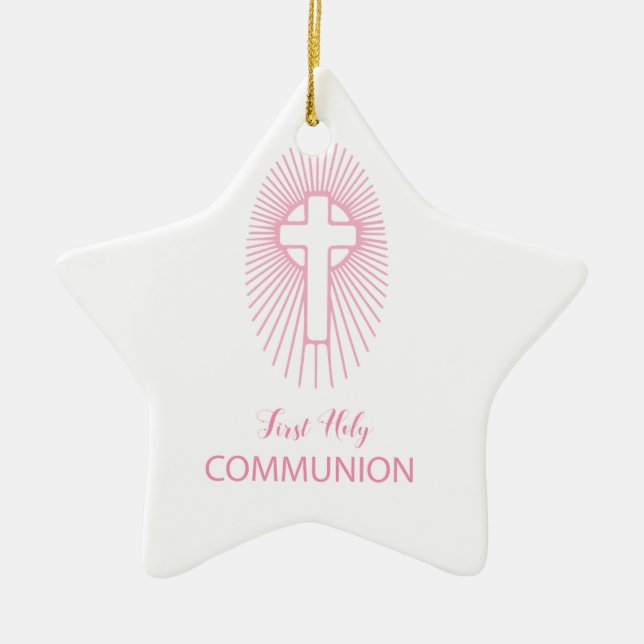 Ornamento De Cerâmica Personalize, Cruz da Primeira Comunhão Rosa Hóstia (Frente)