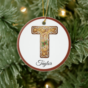 Ornamento De Cerâmica Personalize Letra T de Biscoito de Natal Monograma