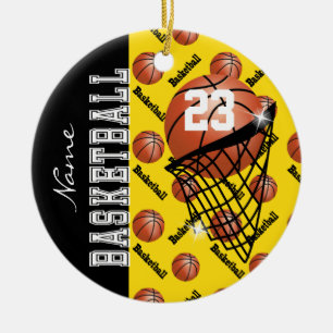 Ornamento De Cerâmica Personalize o basquetebol amarelo