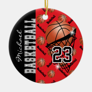 Ornamento De Cerâmica Personalize o basquetebol vermelho