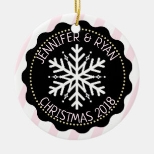 Ornamento De Cerâmica Personalize o floco de neve branco preto fotográf