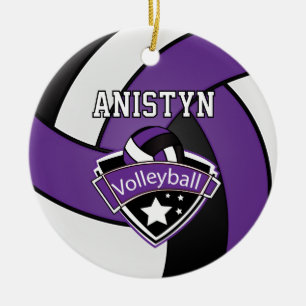 Ornamento De Cerâmica Personalize o voleibol em roxo, no branco e no