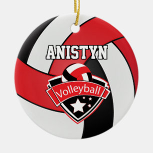 Ornamento De Cerâmica Personalize o voleibol em vermelho, branco e preto