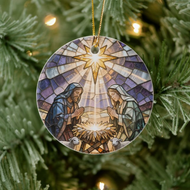 Ornamento De Cerâmica Personalize Stained Glass Nativity Scene Christmas (Árvore)