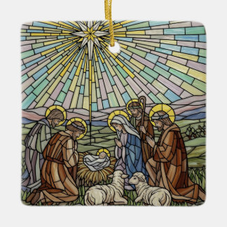 Ornamento De Cerâmica Personalize Stained Glass Nativity Scene Christmas