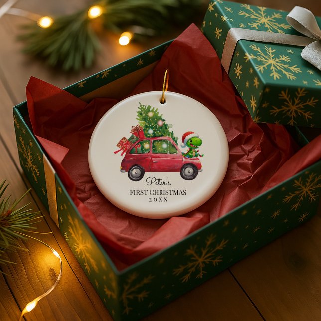 Ornamento De Cerâmica Personalized Baby's Photo and Name Dino (Criador carregado)